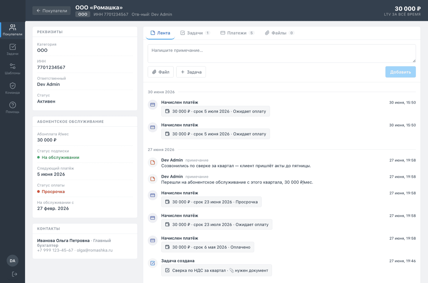 Карточка клиента в CRM: реквизиты, абонентское обслуживание, лента событий с платежами и задачами