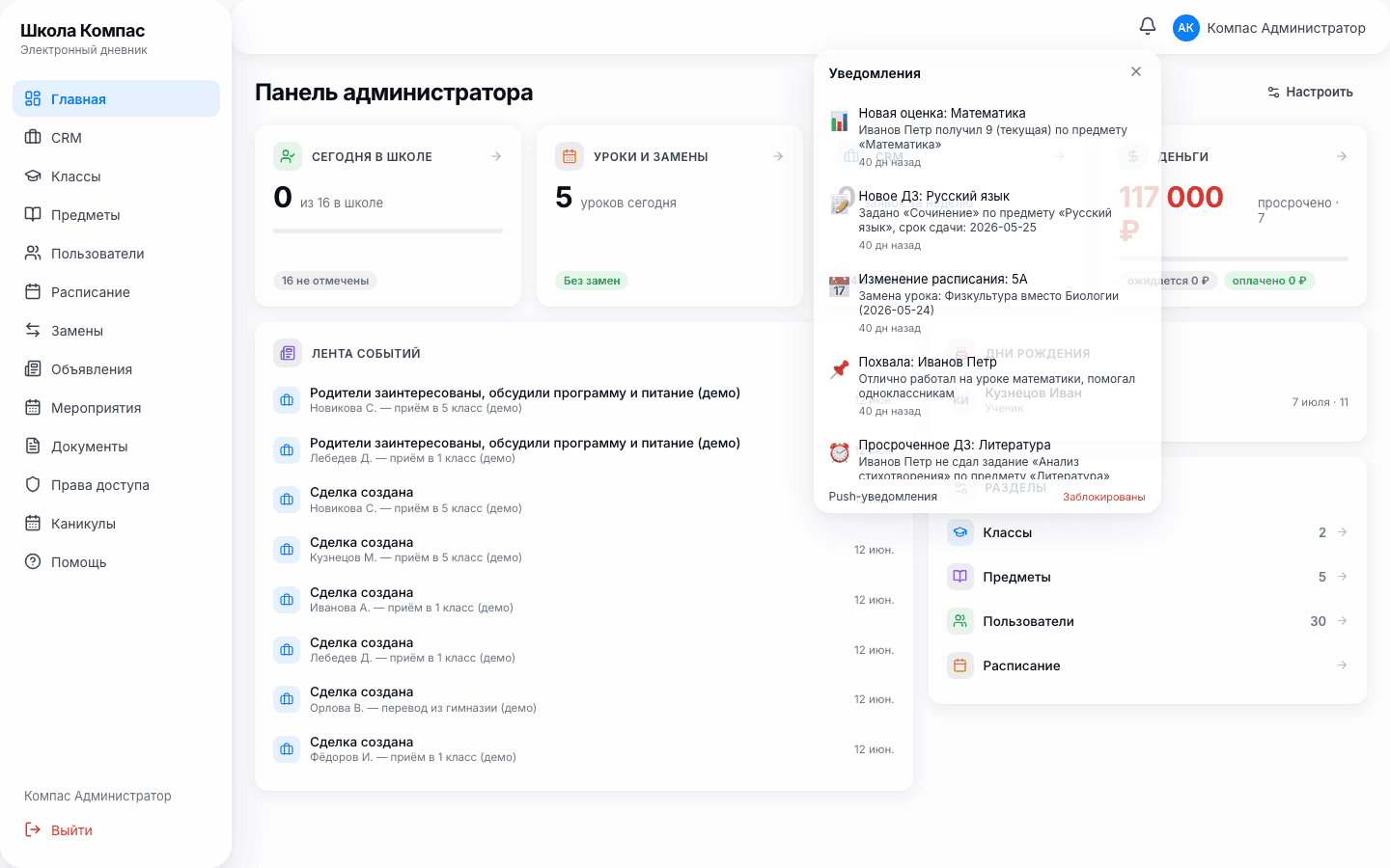 Панель администратора дневника с лентой сделок и уведомлениями